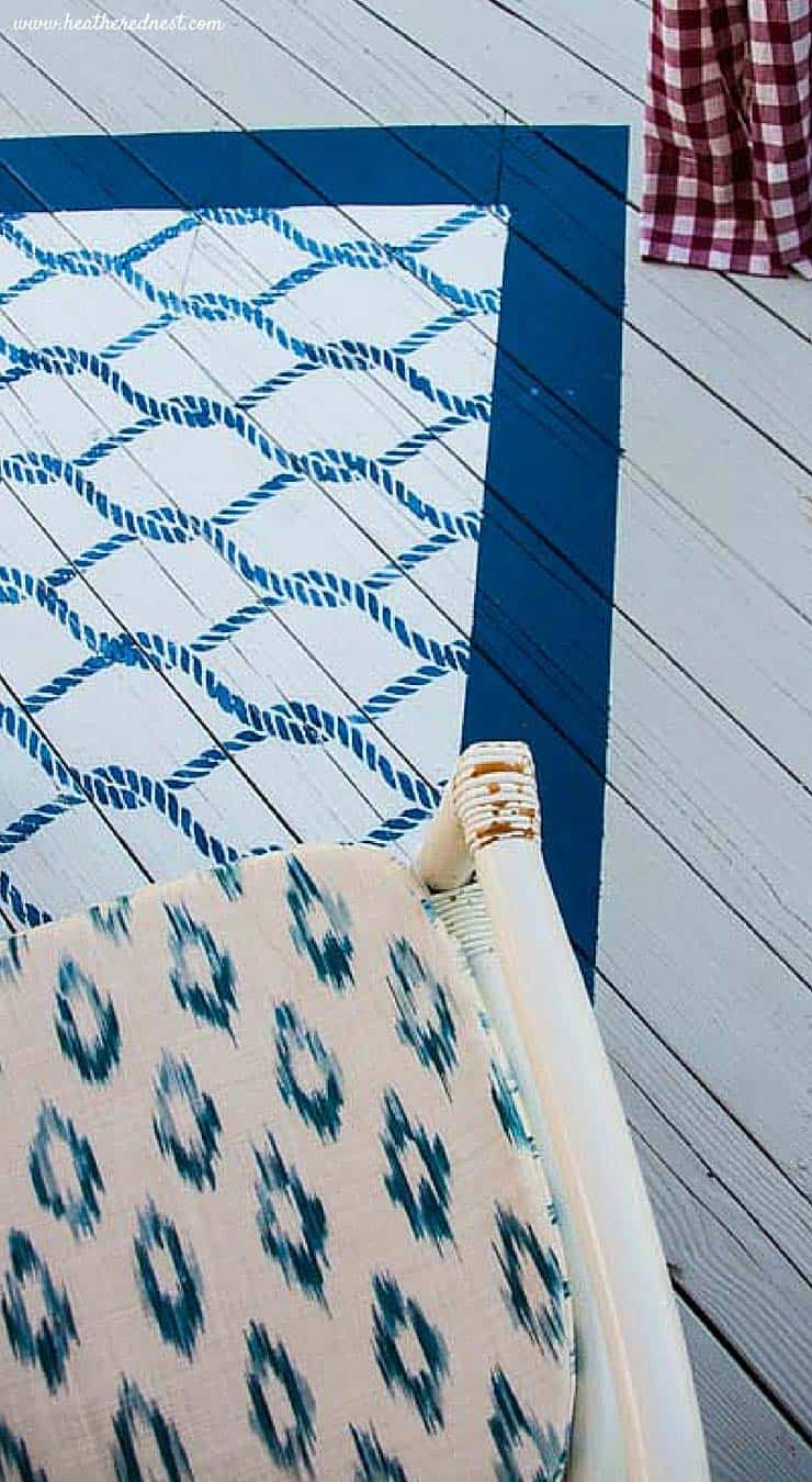 "Perfect Catch" all over stencil from: http://tidd.ly/cc196250 (affil link) Painted DIY rug tutorial from www.heatherednest.com GREAT, practical way to add a pop of color to your outdoor space without all the mildew from a real rug! BRILLIANT!
