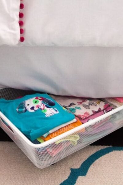 PERFECT SOLUTION! A 5-minute popular Ikea hack using a $5 Algot mesh basket to make DIY rolling underbed storage. This is SUCH A GREAT IDEA!! And NO TOOLS! I love this easy DIY organization idea!! from heatherednest.com