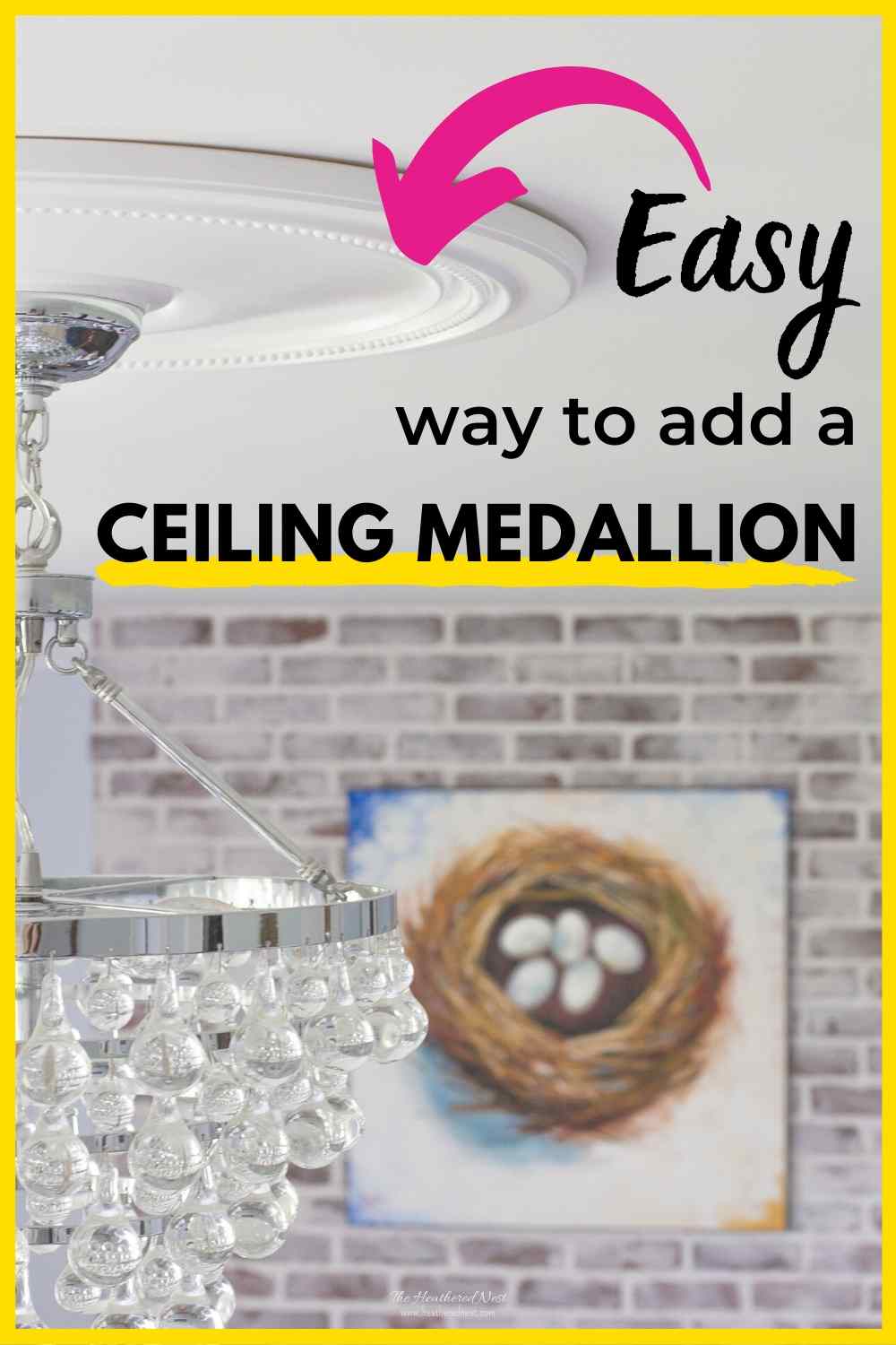 "easy way to add a ceiling medallion" with close-up of white ceiling medallion on ceiling around crystal teardrop chandelier with