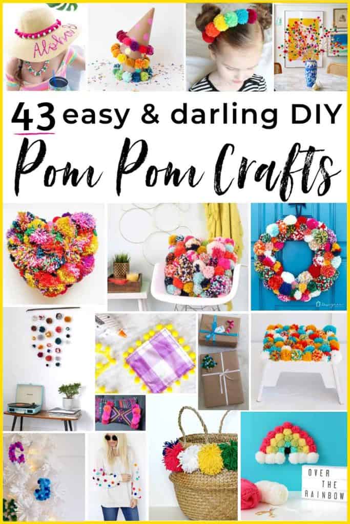 43 easy & adorable DIY pom pom crafts! From a pom pom rug to pom pom pillow, pom pom wreath, and all kinds of pom pom fashion, decorating and party projects, there is a pom pom idea here for EVERYONE!