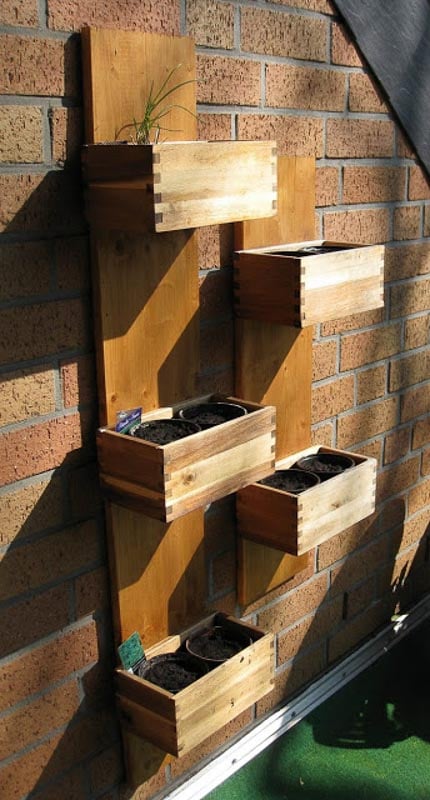 Vertical garden Ikea hack using Bjuron wood planters attached to a piece of wood which leans against a vertical surface.