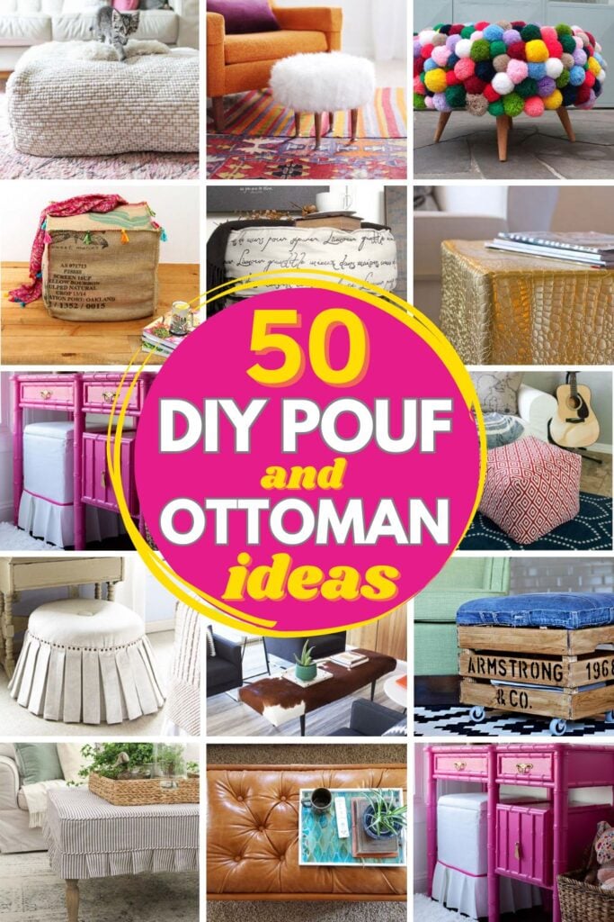 grid with 15 DIY ottoman and DIY pouf examples: "50 DIY pouf and ottoman ideas"