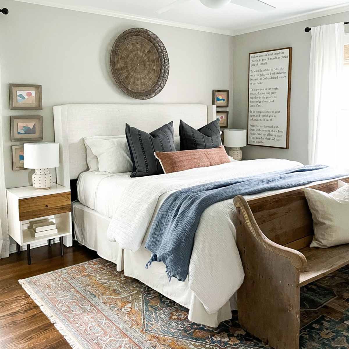 low light bedroom with greige walls
