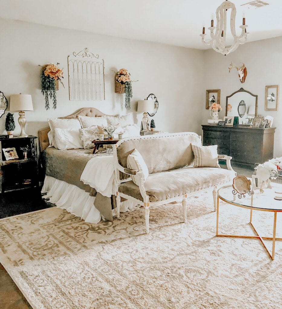 farmhouse/cottage style bedroom painted with SW Light French Gray
