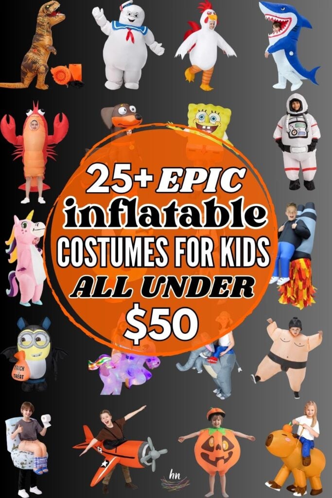 collage of awesome inflatable Halloween costumes for kids: "25+ epic inflatable costumes for kids all under $50"