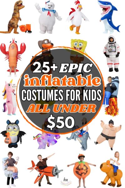 collage of awesome inflatable Halloween costumes for kids: "25+ epic inflatable costumes for kids all under $50"