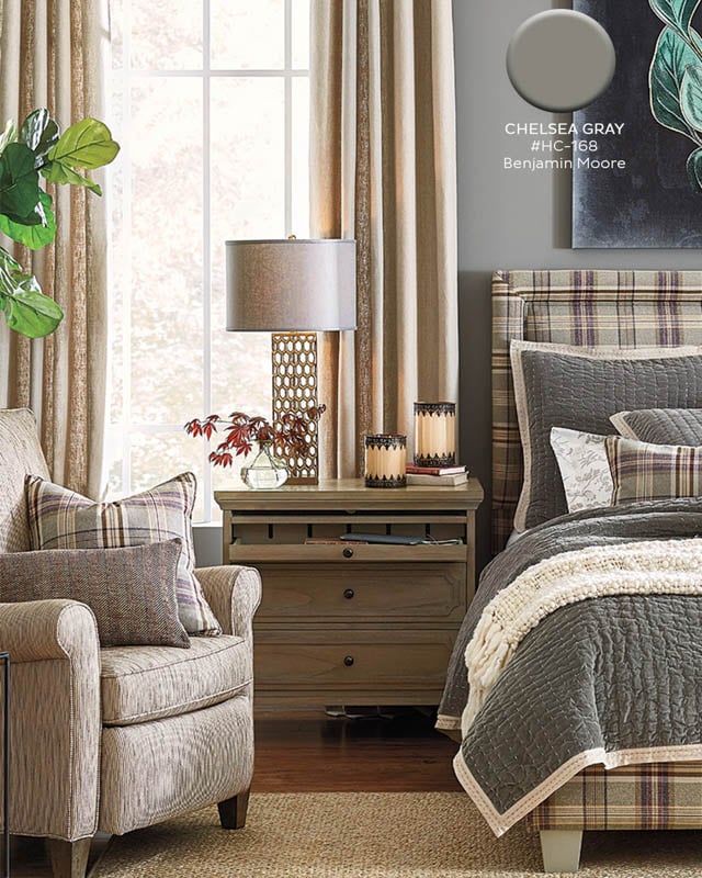 Chelsea Gray is a warm, medium-toned gray paint that works great in bedrooms with layered textures and lots of neutral shades.