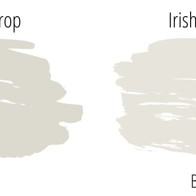 Side by side paint swatch comparison of Behr Silver Drop and Behr Irish Mist