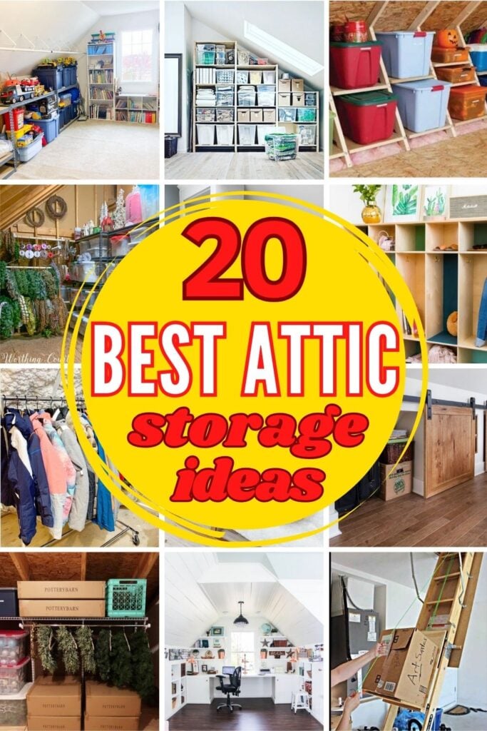grid with a dozen attic organizing ideas: "20 best Attic Storage Ideas"