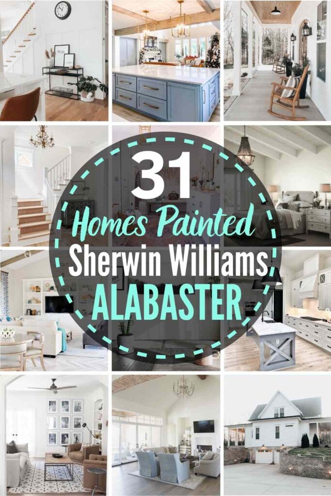 Grid layout with 12 rooms each painted with Sherwin Williams Alabaster, text "31 homes painted sherwin williams alabaster"
