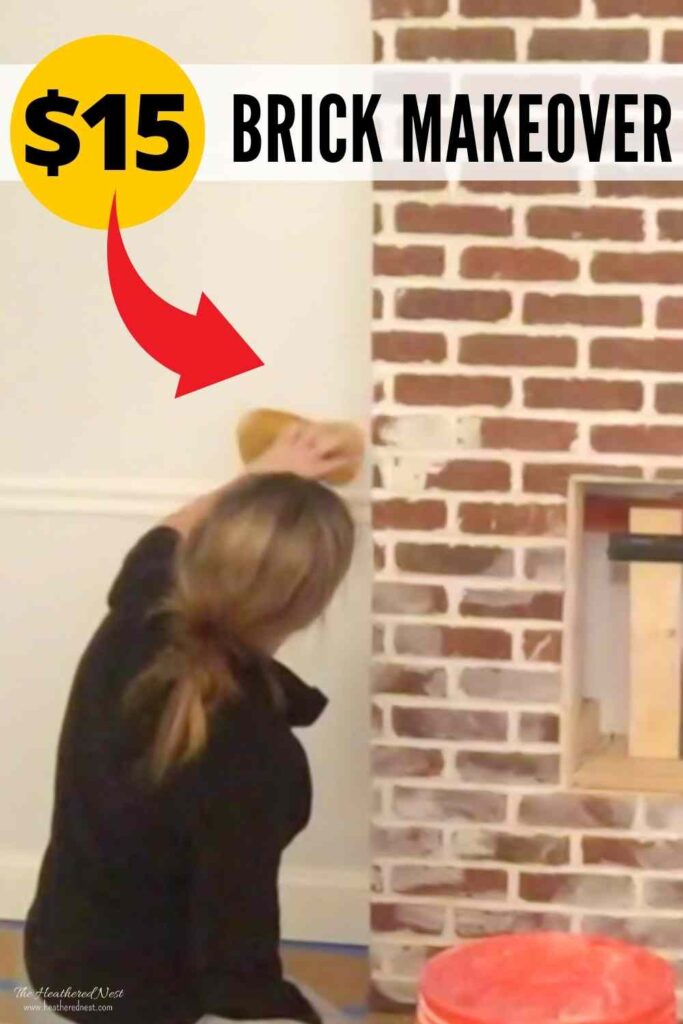 Woman completing a german smear on her brick fireplace with text "$15 brick makeover"