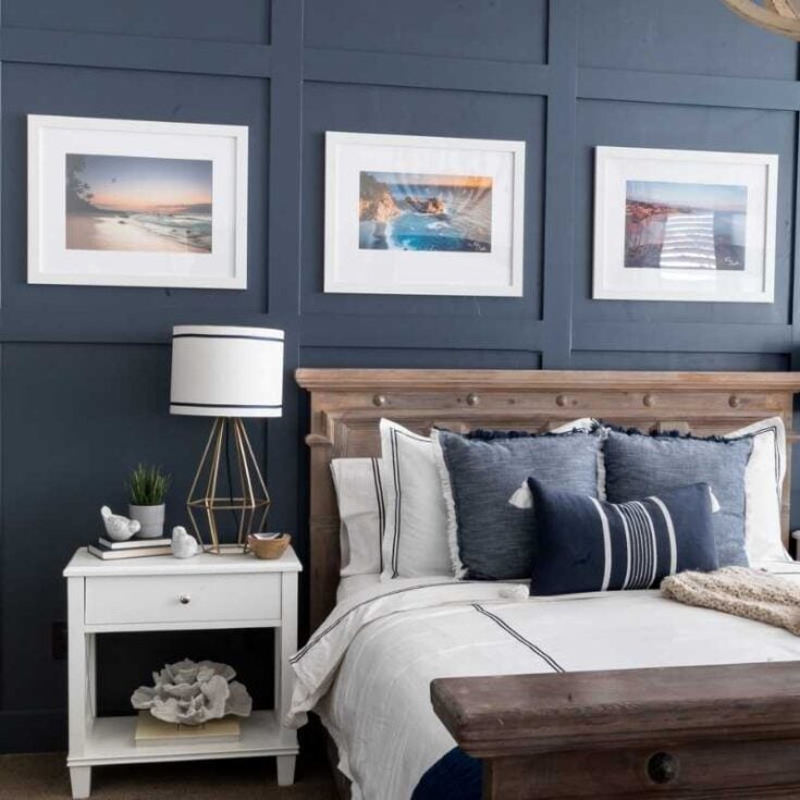 navy painted board and batten accent wall in master bedroom