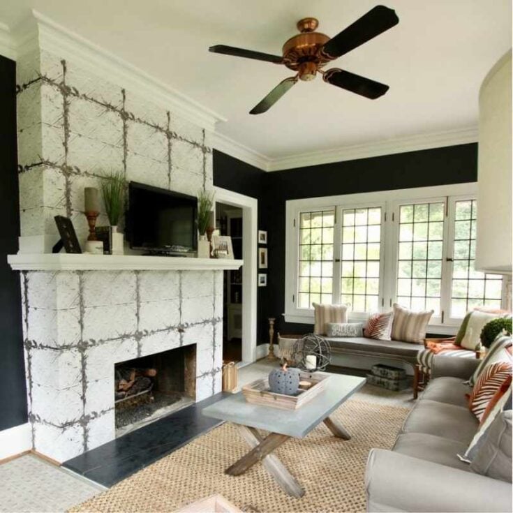 black accent wall around a fireplace in a sunroom