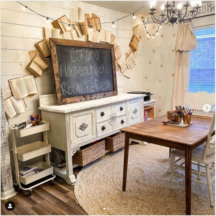 quirky homeschool room with books on wall