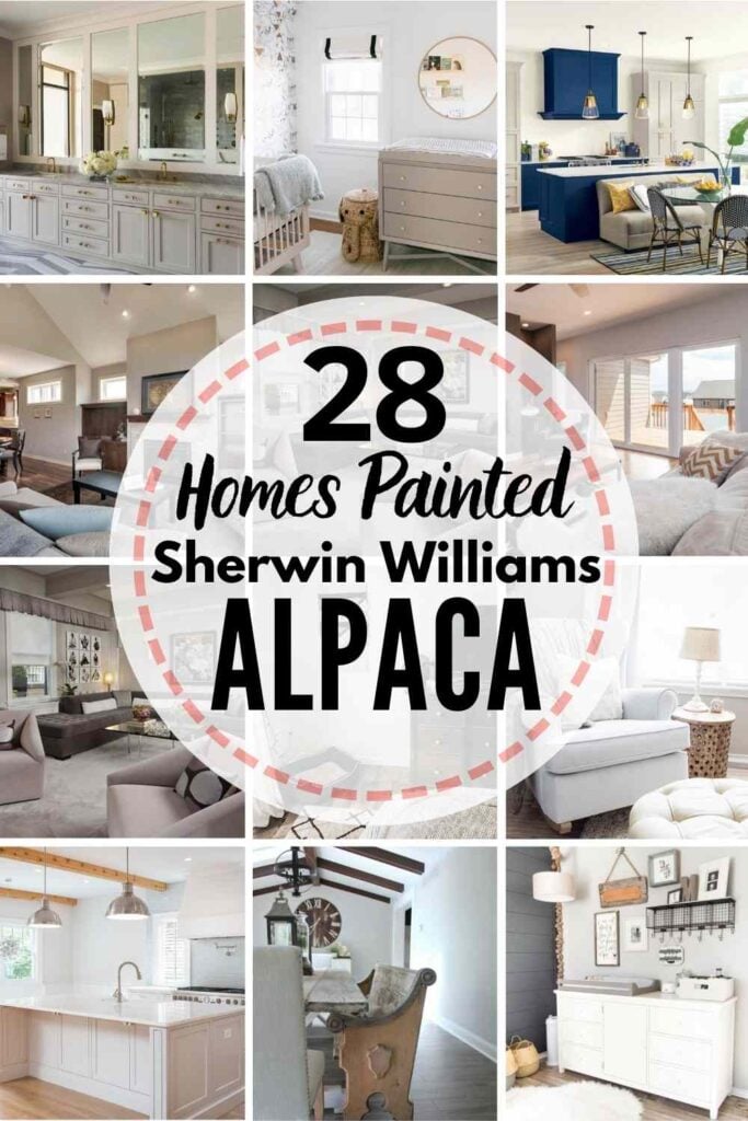 grid with 12 examples of Sherwin Williams Alpaca in real homes. text" 28 real homes painted with Sherwin Williams Alpaca"