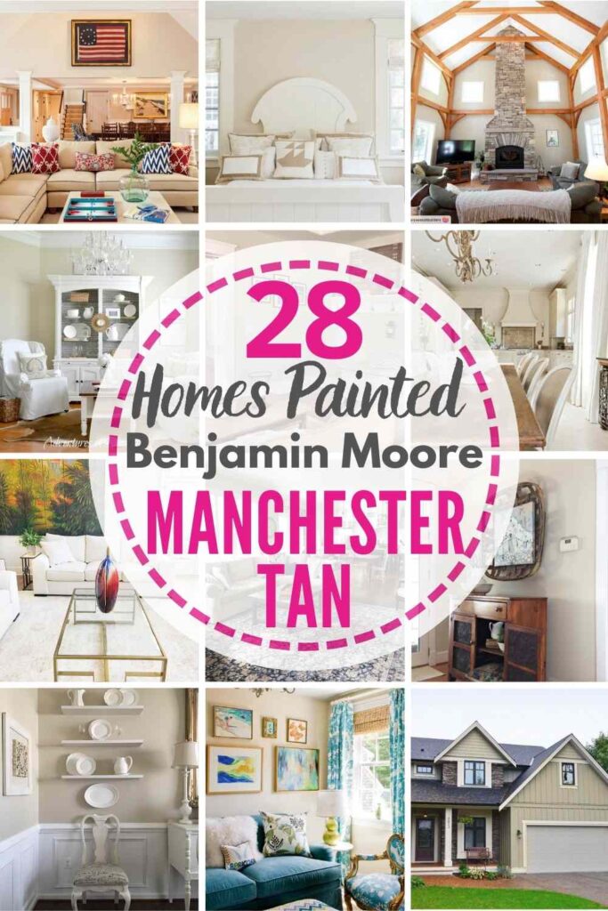 grid with 12 images of rooms painted Benjamin Moore Manchester Tan: "28 Homes Painted Benjamin Moore Manchester Tan"