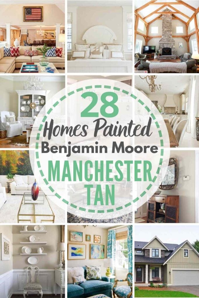 grid with 12 images of rooms painted Benjamin Moore Manchester Tan: "28 Homes Painted Benjamin Moore Manchester Tan"