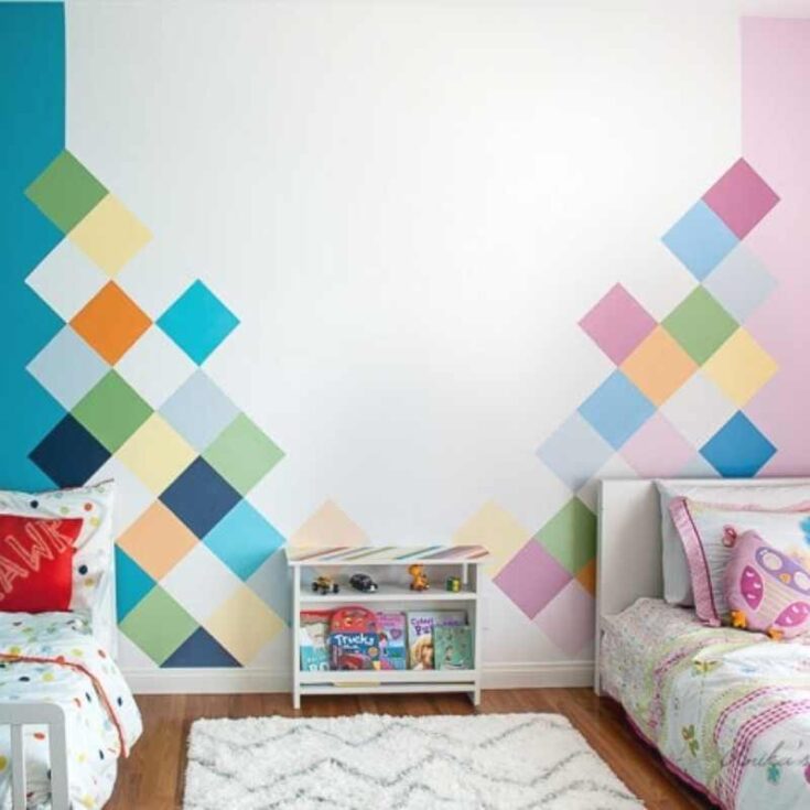 painted geometric accent wall in kids room
