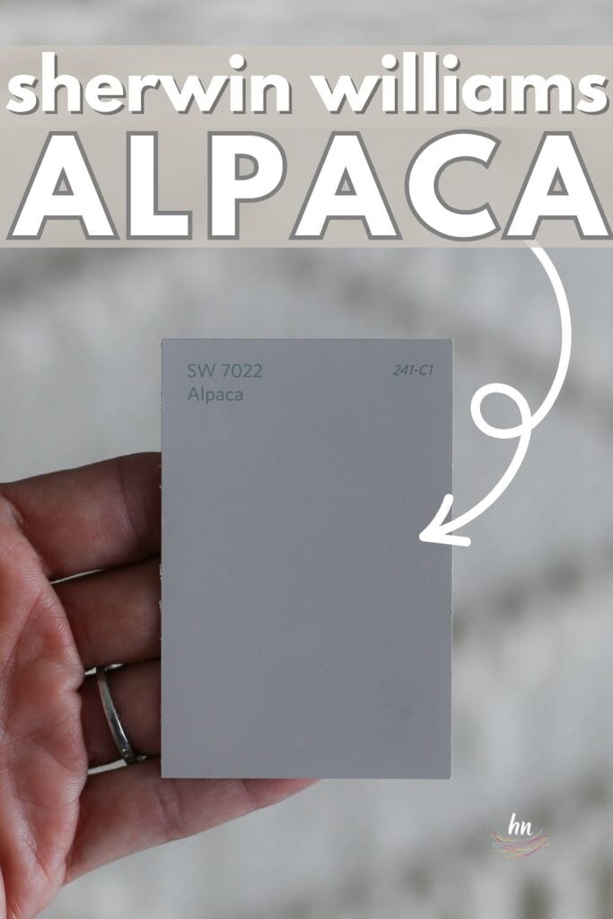 hand holding paint swatch of Sherwin Williams Alpaca SW 7022