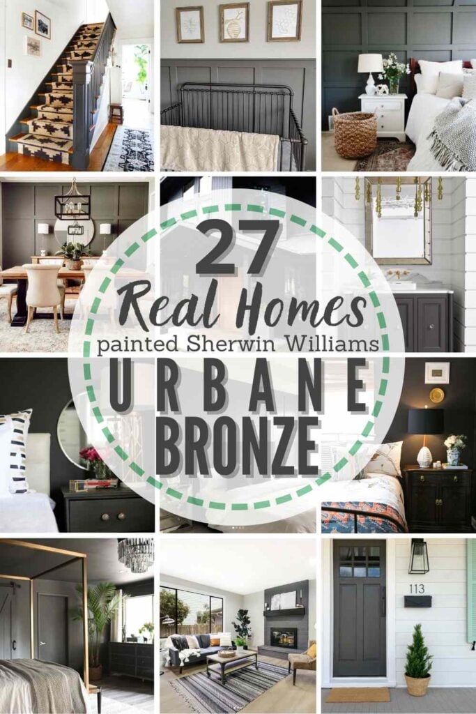 grid with 12 examples of Sherwin Williams Urbane Bronze in real homes. text" 27 real homes painted with Sherwin Williams Urbane Bronze"