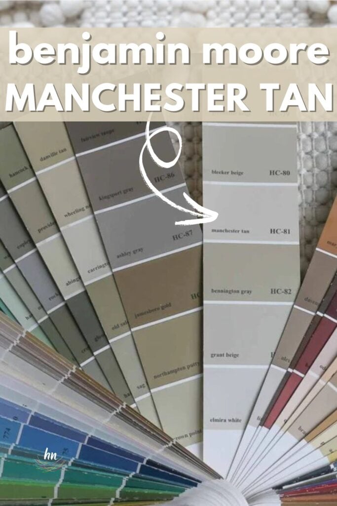 paint chip card of Benjamin Moore Manchester Tan HC-81 in a fan deck on the carpet