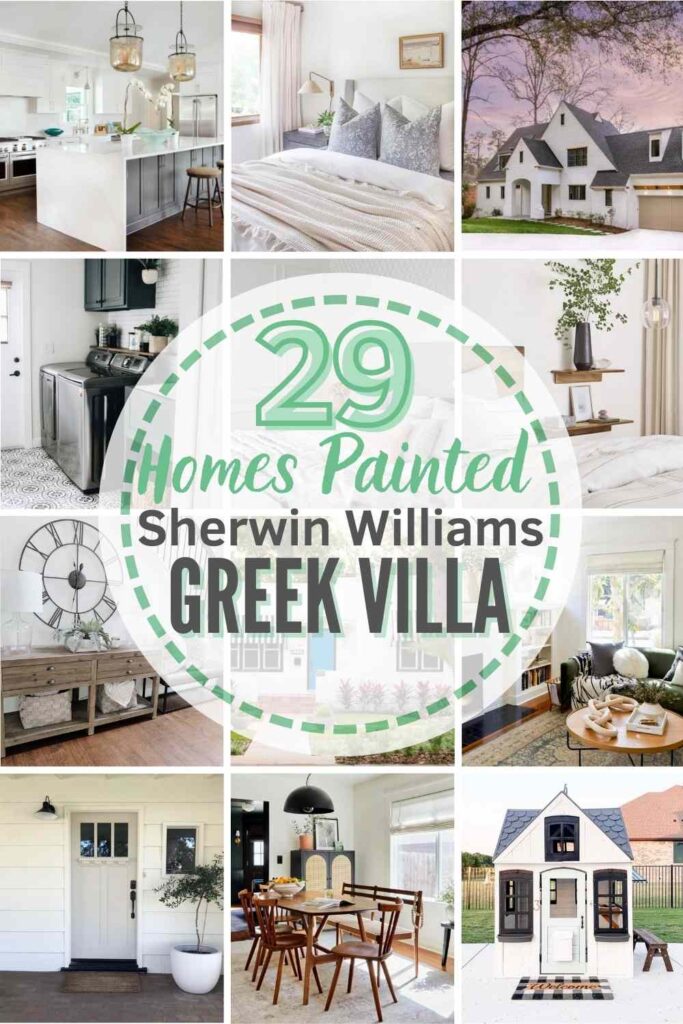 grid with 12 examples of Sherwin Williams Greek Villa in real homes. text" 29 real homes painted with Sherwin Williams Greek Villa"
