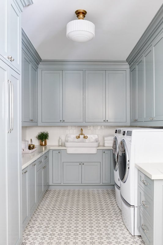 laundry room cabinets painted in BM smoke blue gray paint