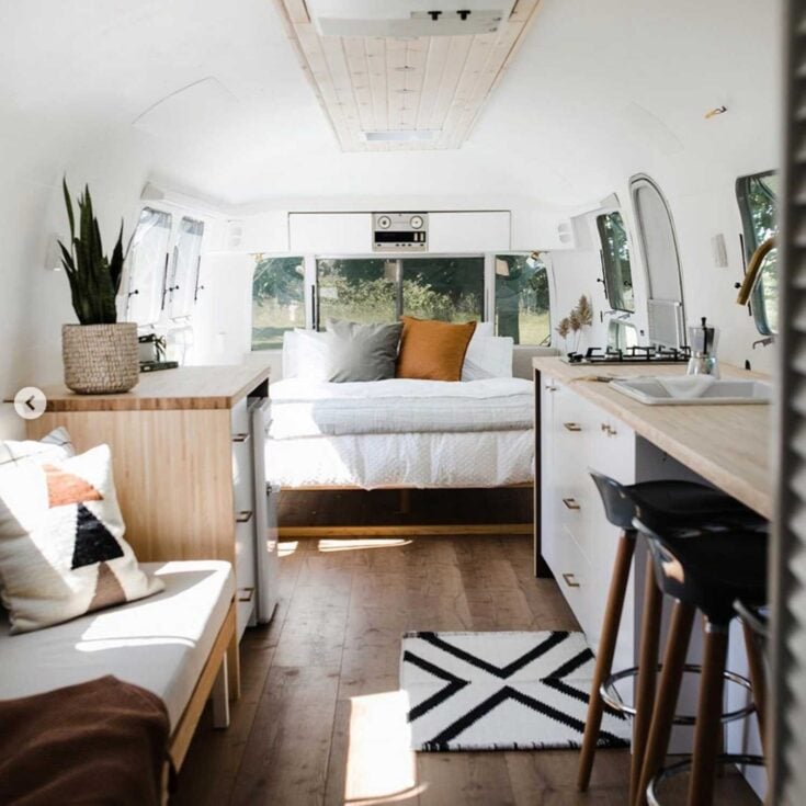 IKEA Karlby butcher block counters used in an Airstream renovation