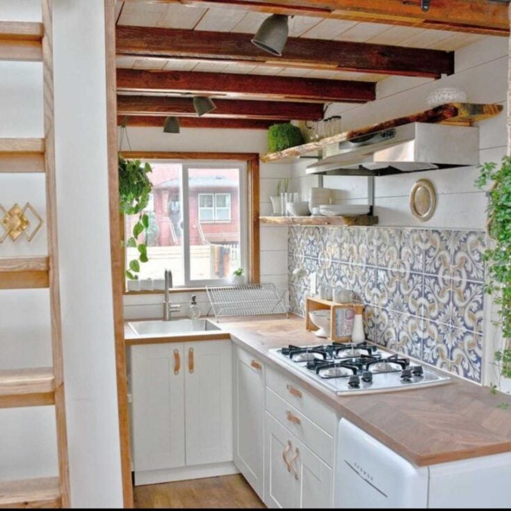 IKEA Karlby butcher block counters used in a tiny house kitchen