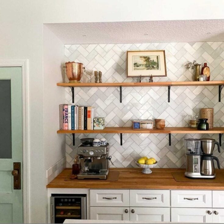 IKEA Karlby open shelves plus butcher block countertop in a kitchen