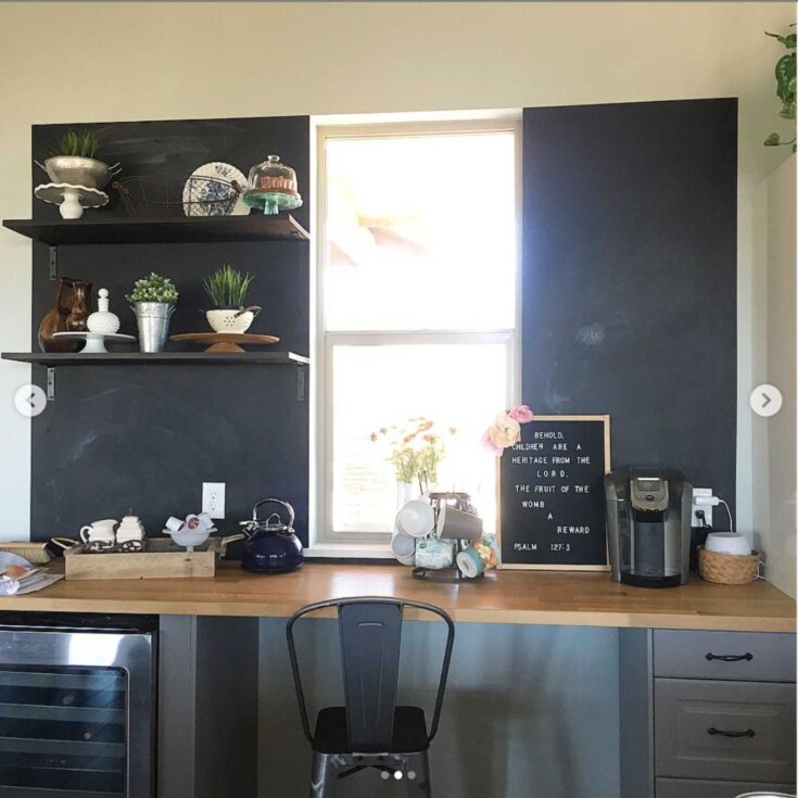 kitchen command center and coffee bar with chalkboard paint and IKEA butcher block countertops