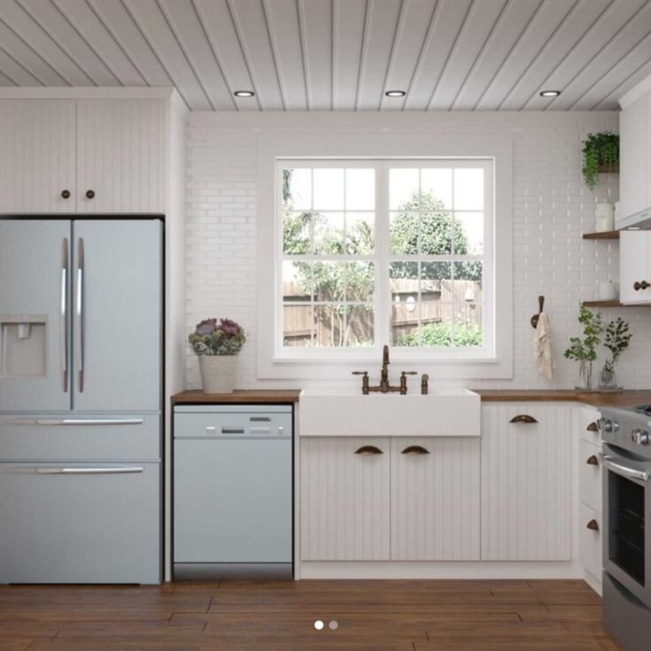 white kitchen, blue appliances with farmhouse apron sink, butcher block countertops in a kitchen remodel
