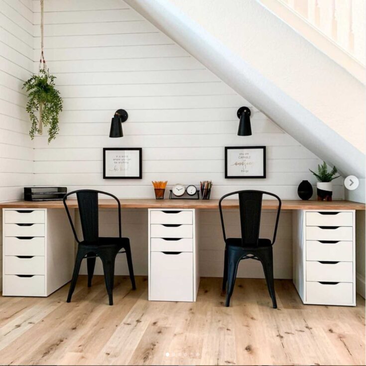 under stairs niche turns double desk workstation for kids with IKEA butcher block countertop desk