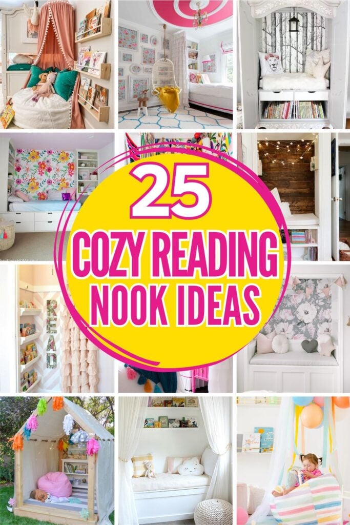 "25 Cozy Kids Reading Nooks" grid with 12 examples of cozy reading nook ideas for kids (and some perfect for adults, too!)