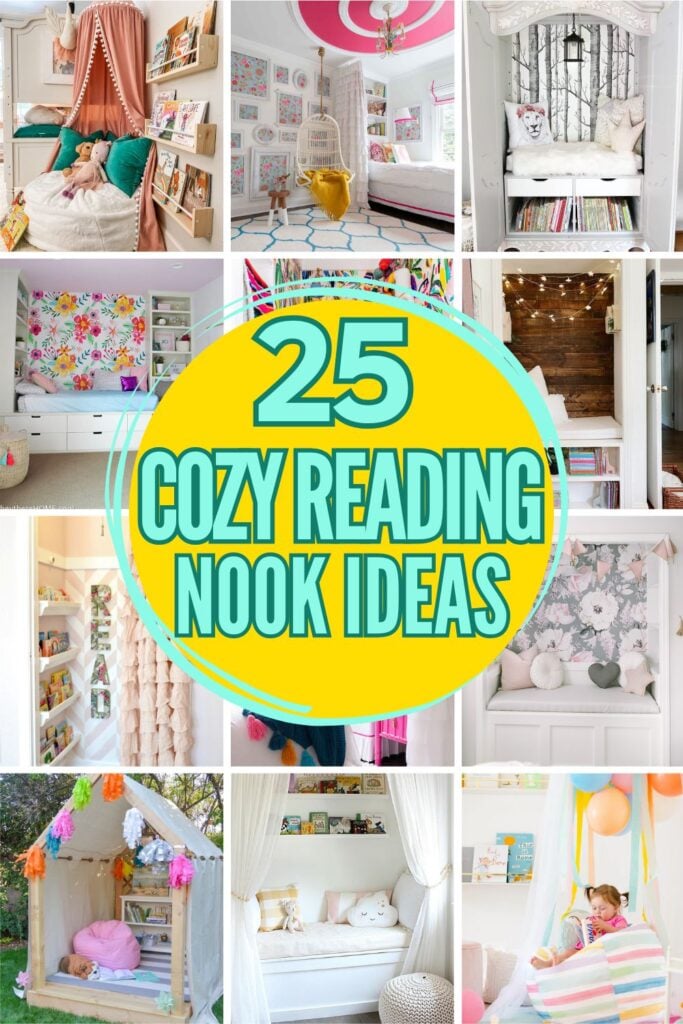 "25 Cozy Kids Reading Nooks" grid with 12 examples of cozy reading nook ideas for kids (and some perfect for adults, too!)
