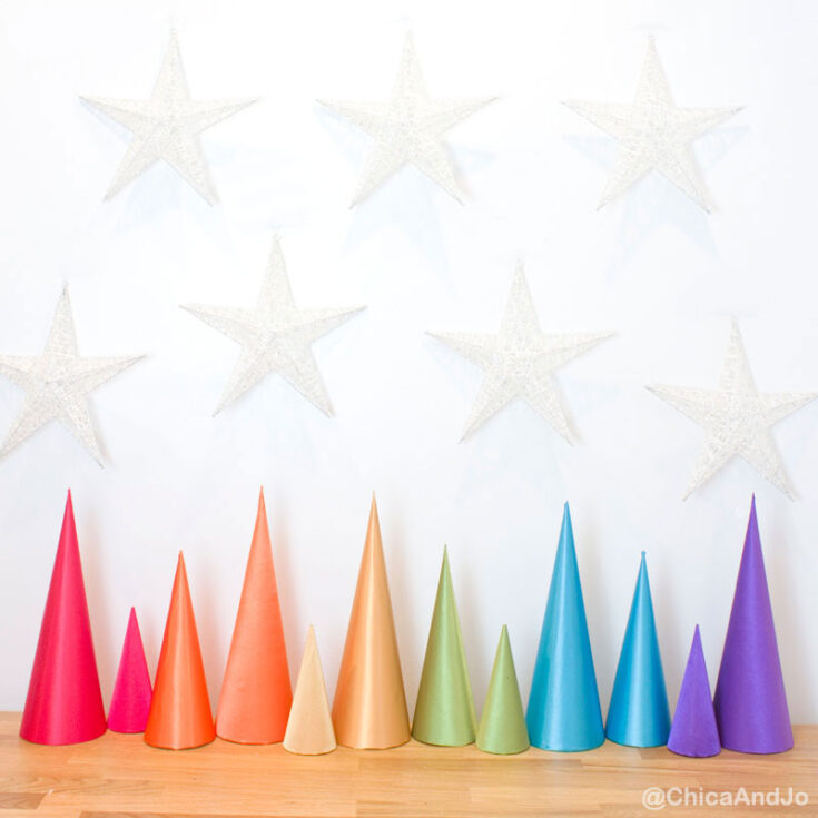 chica and jo rainbow Christmas tree cones