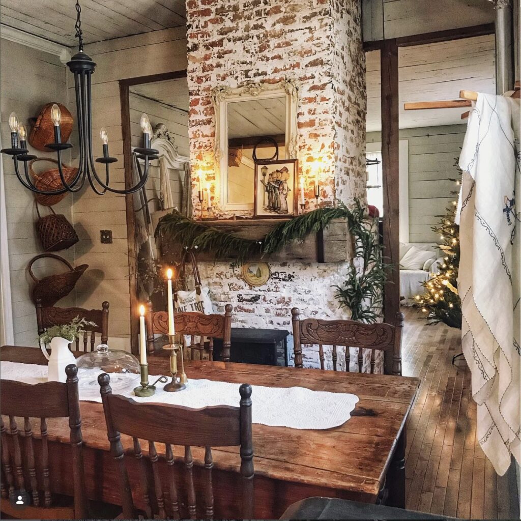a german smeared fireplace in a farmhouse dining room