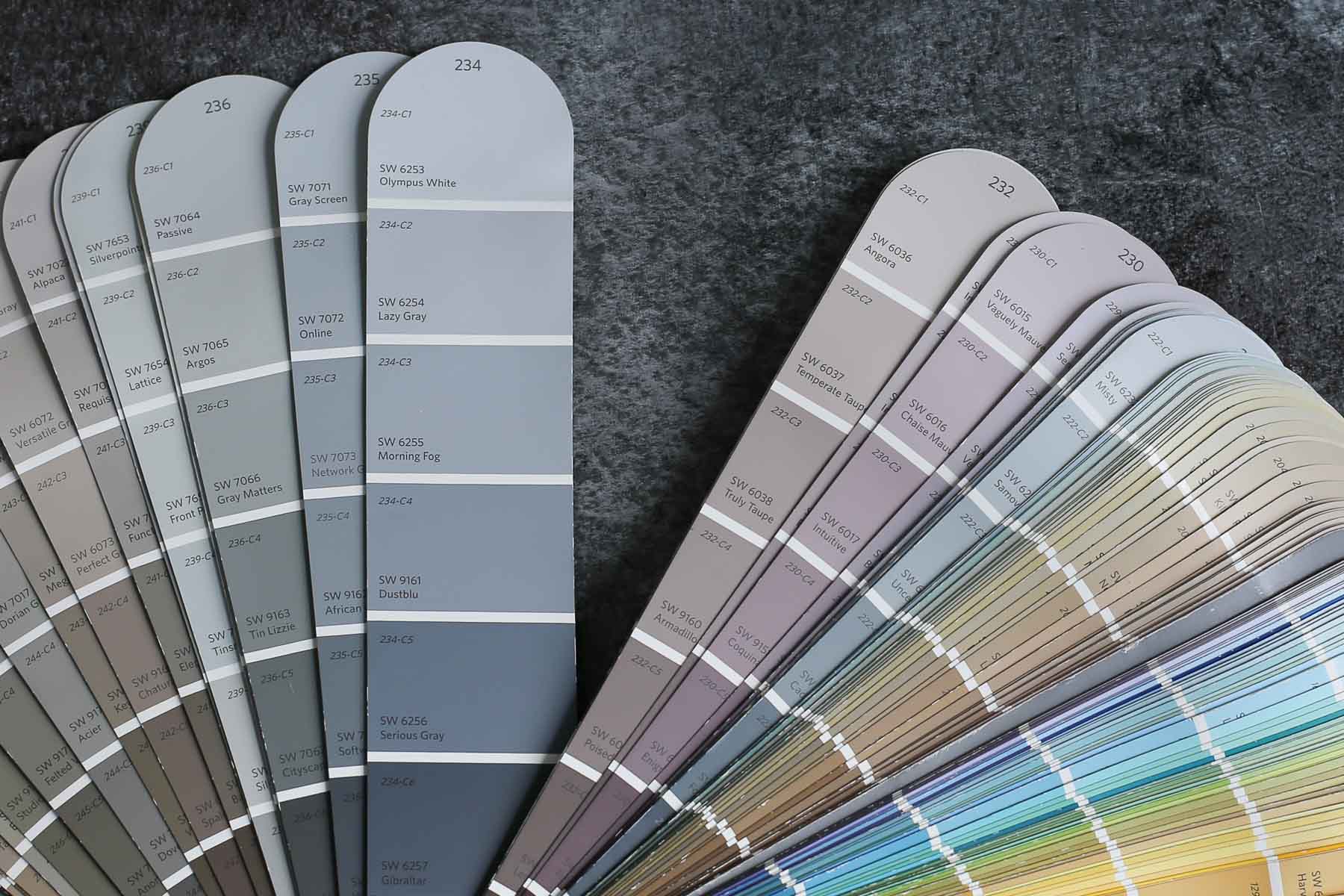Sherwin Williams Olympus White SW 6253 paint swatch in a fan deck on a slate surface