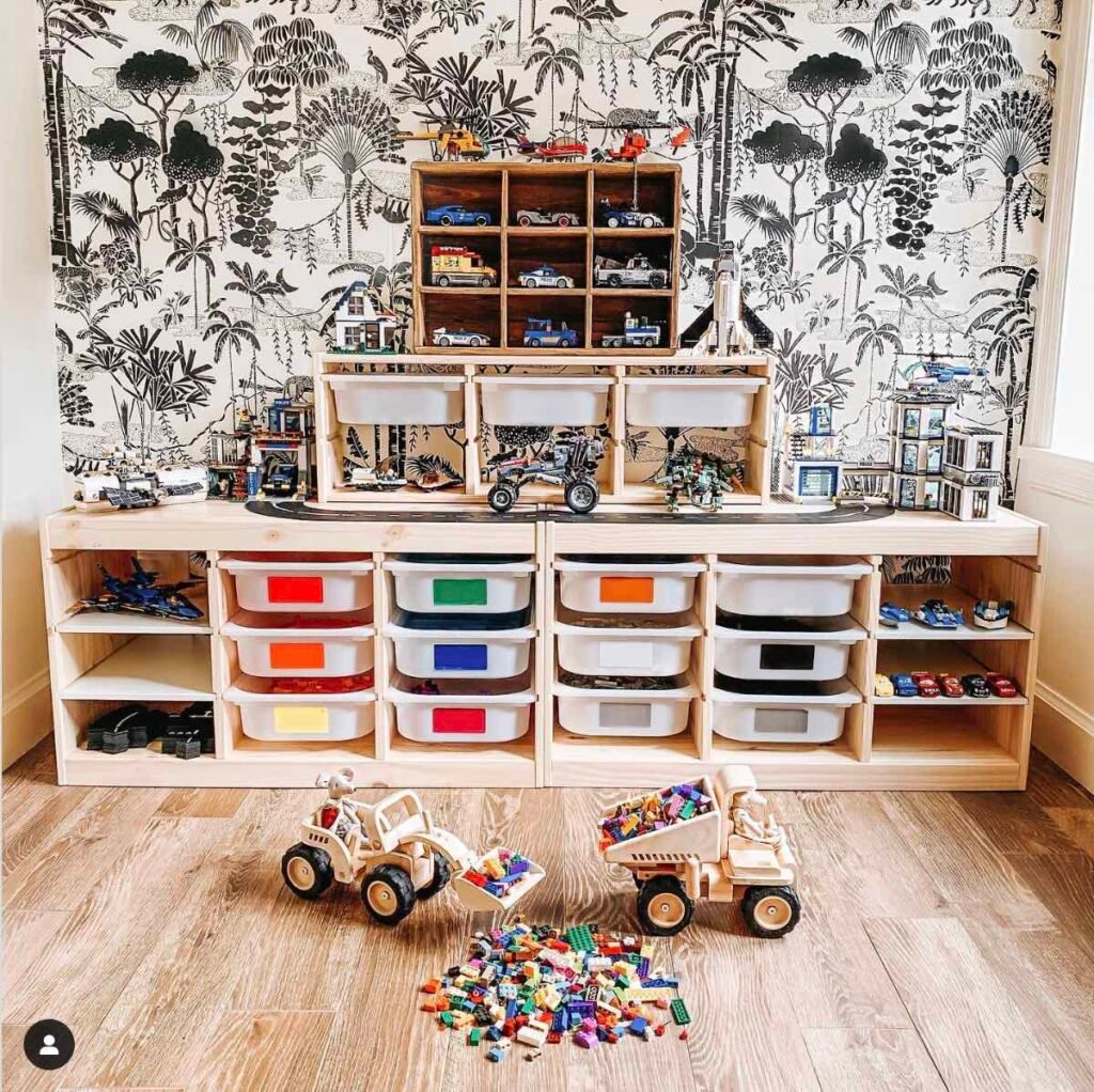 IKEA Trofast hack for lego organizing in a colorful playroom