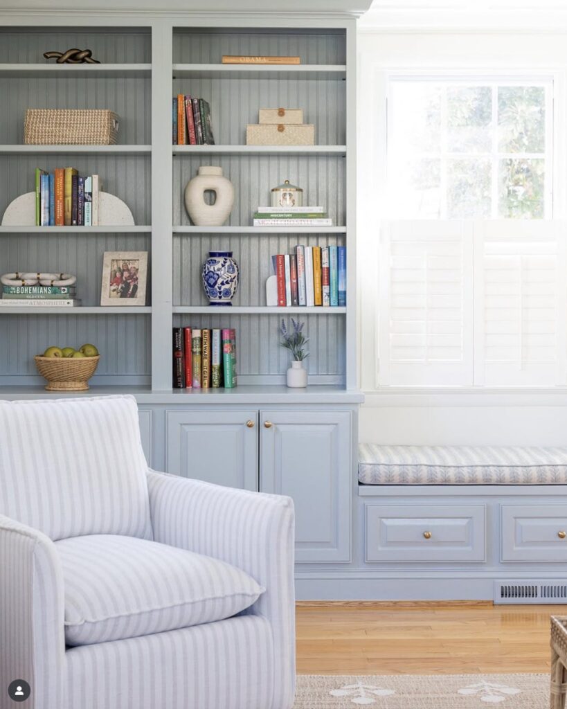 study with built-ins painted BM Beach Glass by Marley James Designs