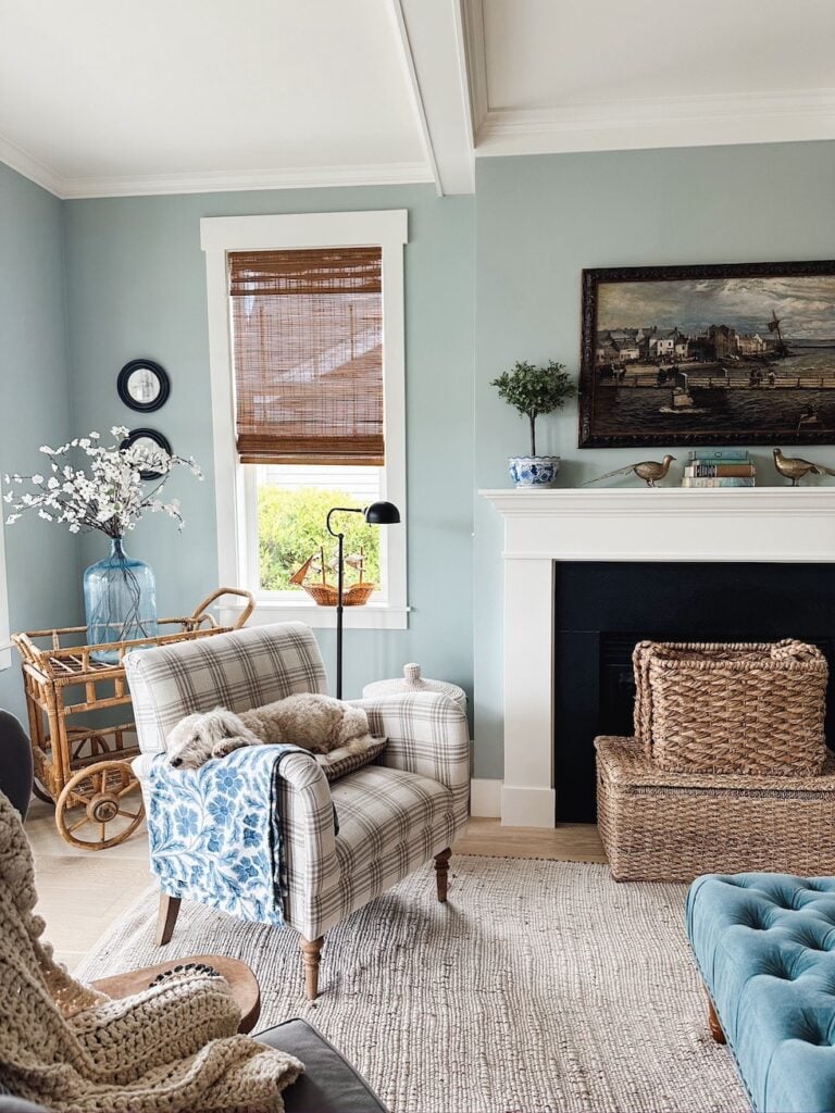 living room with fireplace and classic decor accents painted in Beach Glass paint from The Inspired Room
