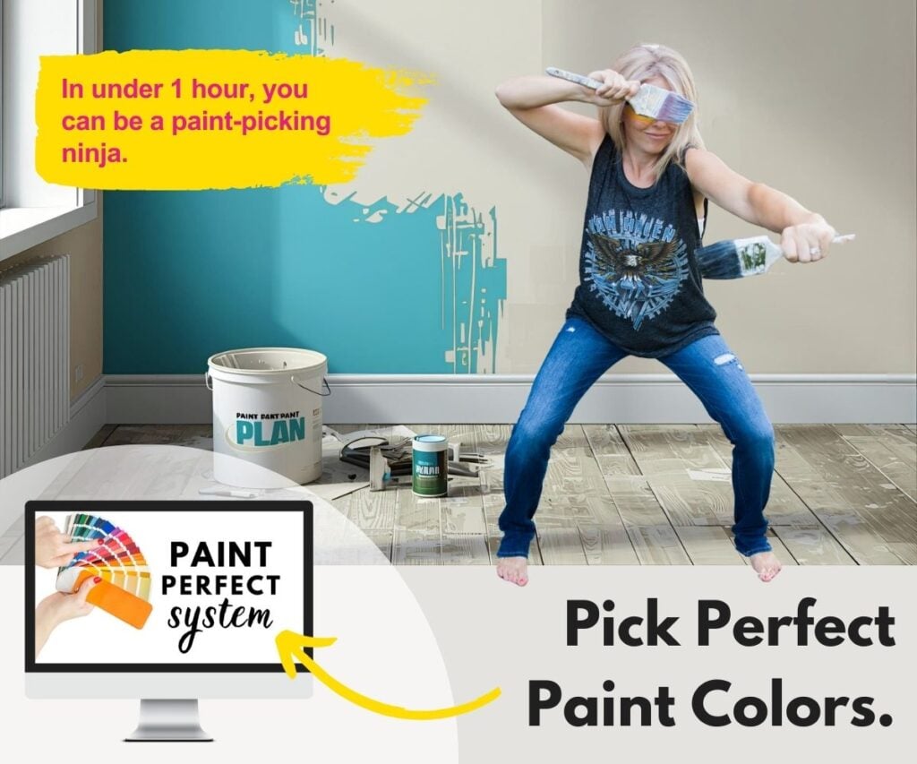Paint Perfect System: Learn how to pick perfect paint colors for your home in under one hour. Woman posing with two paintbrushes and a wall being painted.