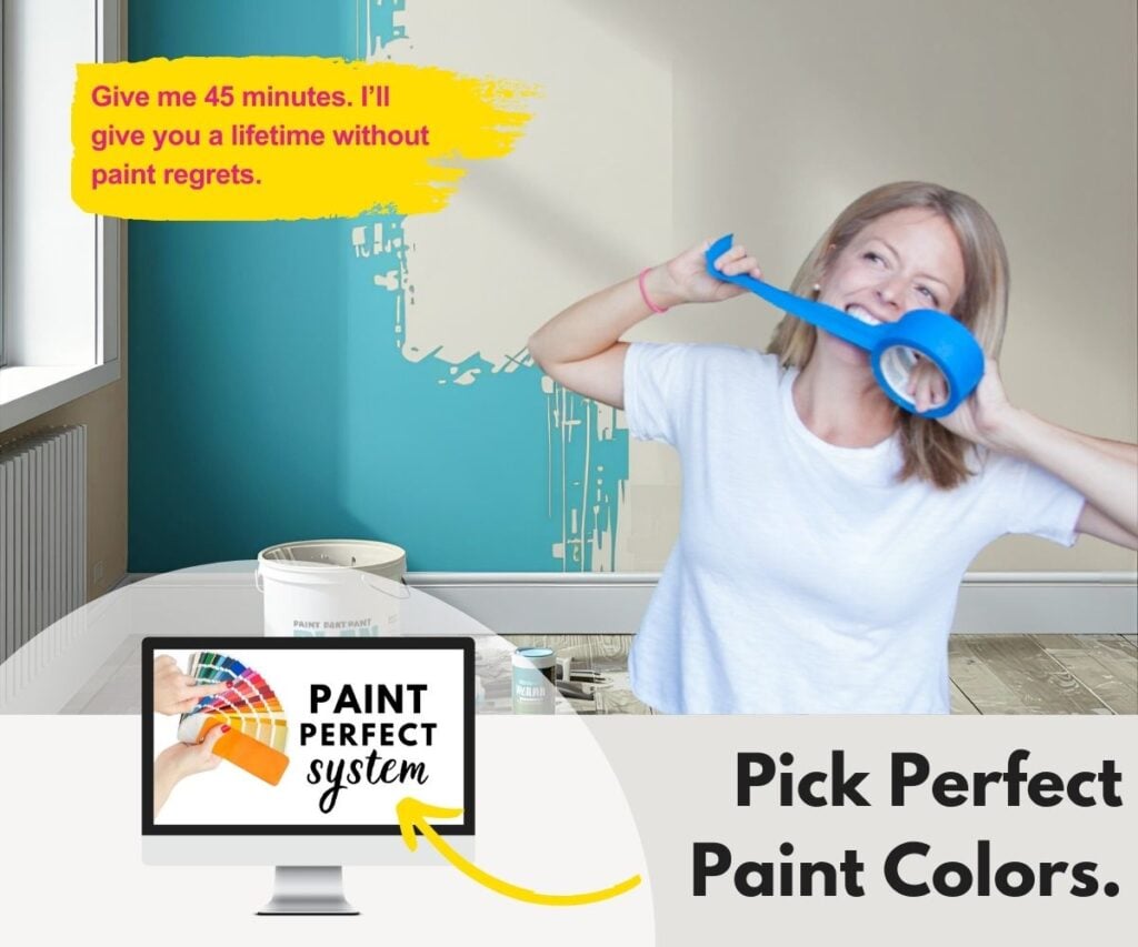 Paint Perfect System: Give me 45-minutes. I'll give you a lifetime without paint color regret. Woman cutting painters tape with teeth and a wall being painted.