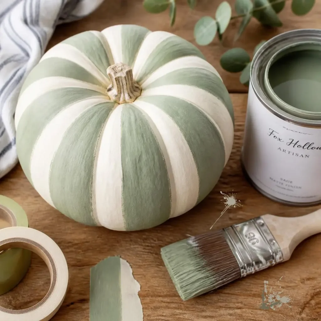 Sage green and cream striped faux pumpkin decorated with painter's tape and matte acrylic paint, styled with craft tools on a warm wood table.